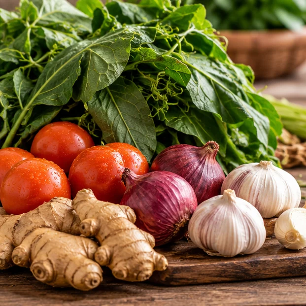 Beautifully arranged fresh African vegetables and greens
