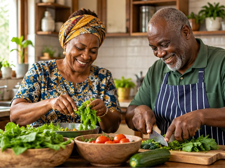 Illustration of older African adults preparing fresh vegetables together in a home kitchen